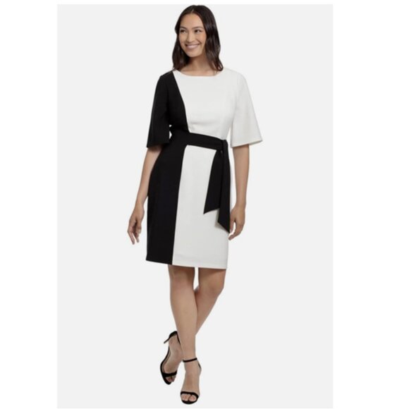 Maggy London Black and White Tie Waist Shift Crepe Short Dress - 10 - Picture 1 of 14